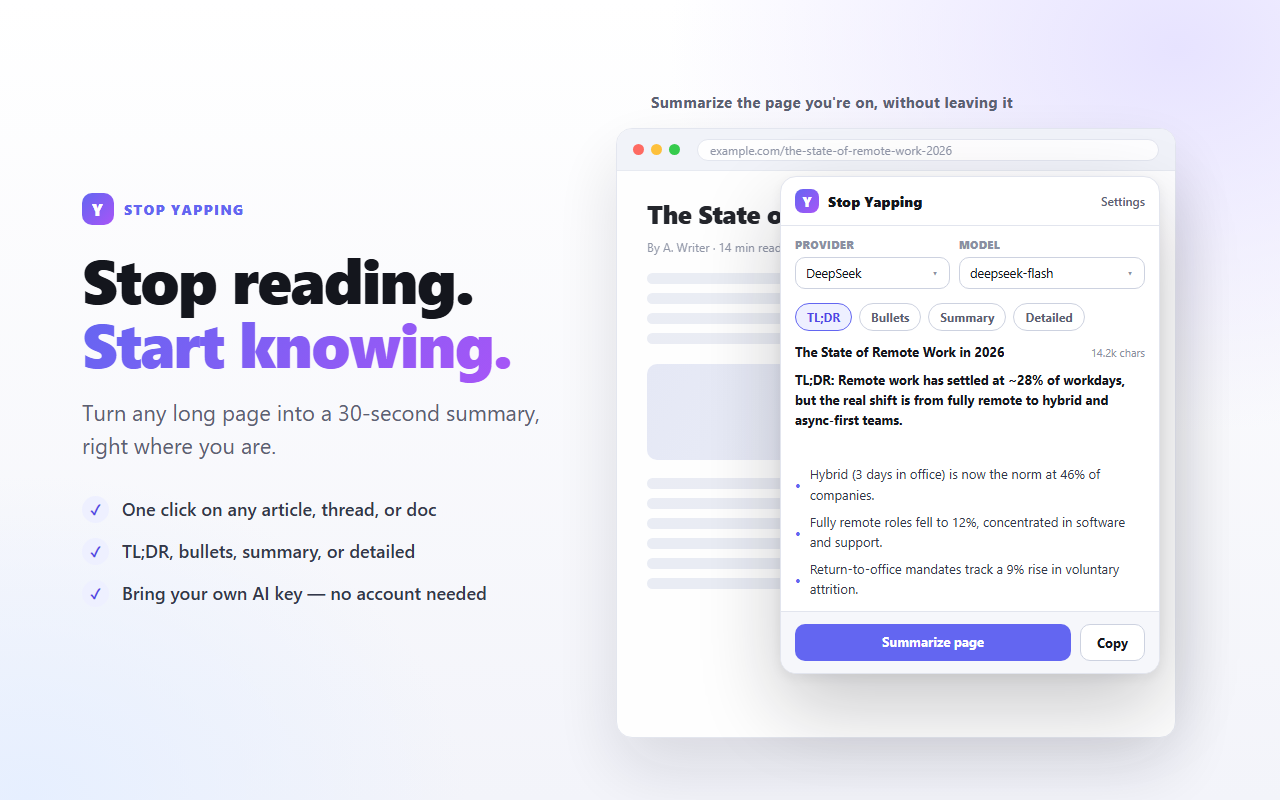 Stop Yapping popup summarizing a web page