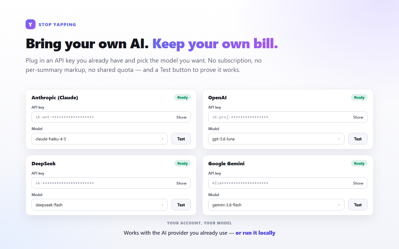 Settings screen with provider API keys